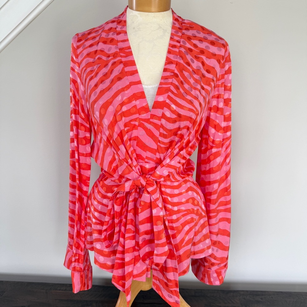River Island NWT Pink and Orange Zebra Print Peplum Tie-Waist Wrap Blouse Top 8